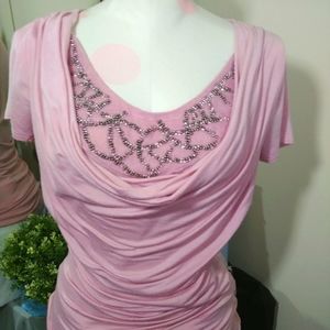 Volume One • Pink Pastel Beautiful Y2k Soft Cowl Neck T-Shirt Blouse Office Bead